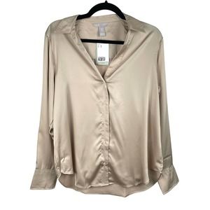 H&M Satin Long Sleeve Button Up Shirt Light Brown Minimalist - Size M - NWT